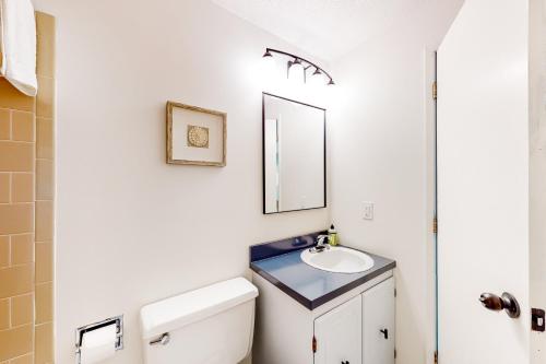ein Bad mit einem Waschbecken und einem Spiegel in der Unterkunft Mad River Mountain Getaway in Thornton