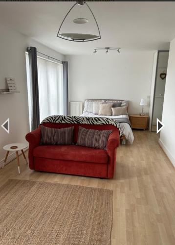 ein Wohnzimmer mit einem roten Sofa vor einem Bett in der Unterkunft HomeStay Cosy Studio in Birmingham