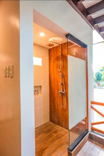 a bathroom with a shower with a glass door at Noni's Resort in Alitagtag