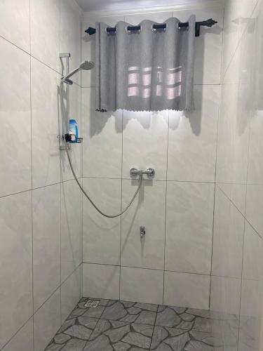 a bathroom with a shower with a shower curtain at SICE- Apartment 2 in Meerzorg