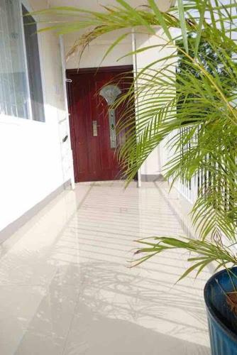 a hallway of a house with a red door and plants at The Shelton Tower 1 in Montego Bay