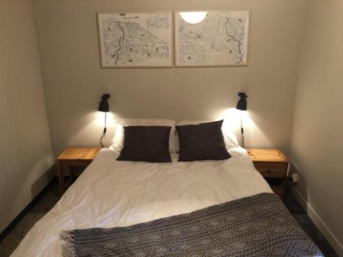 Cette chambre comprend un lit avec deux lampes et des cartes murales. dans l'établissement Charmant T2 à Morzine, balcon, parking, 4 pers., proche pistes et navettes - FR-1-754-53, à Morzine