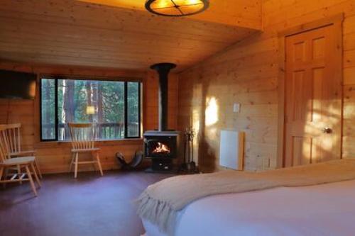 1 dormitorio con 1 cama y chimenea en una habitación en Eagles Nest - Natural Log Cabin with Guest House, en Idyllwild