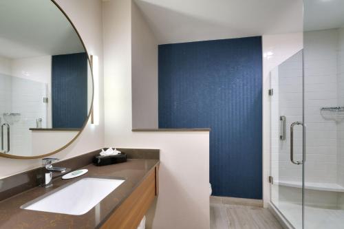 a bathroom with a sink and a mirror and a shower at Fairfield by Marriott Inn & Suites Houston League City in League City