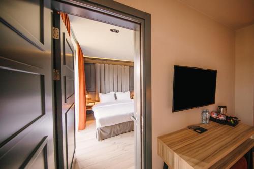 a hotel room with a bed and a television at Sandali Metekhi Boutique Hotel in Tbilisi City