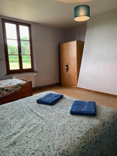 a bedroom with two blue pillows on a bed at chambre d'hôtes in Beaubec-la-Rosière