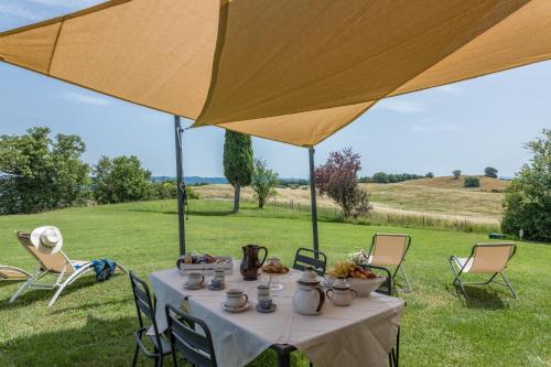 a table under a large umbrella in a field at Agriturismo Spazzavento in Palazzone