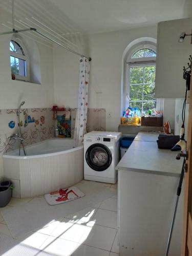uma cozinha com uma máquina de lavar roupa e uma banheira em Villa Kasztanowa em Skierniewice