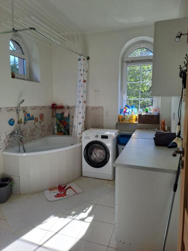 a kitchen with a washing machine and a tub at Villa Kasztanowa in Skierniewice
