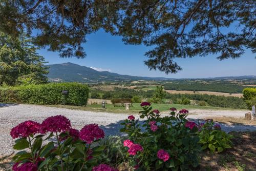 a view of the hills from a garden with flowers at Agriturismo Spazzavento in Palazzone
