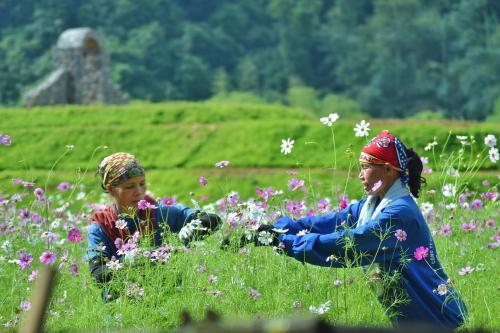two women sitting in a field of flowers at Thung Nham Resort in Ninh Binh