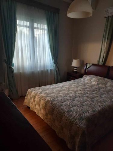 a bedroom with a bed and a window with curtains at Valia's house -Makri Village in Mákri