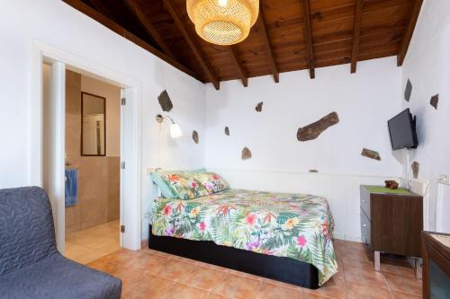 a bedroom with a bed and a tv and a chair at La Casita de la Playa in Igueste