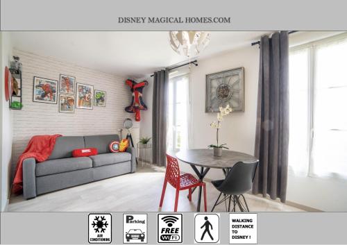 a living room with a couch and a table at Air-conditioned apartment, walking distance to disney - DISNEY MAGICAL HOMES, PARIS in Serris