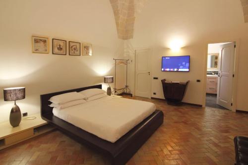 una grande camera da letto con un letto e una televisione di Antica Civita B&B Luxury Room a Matera