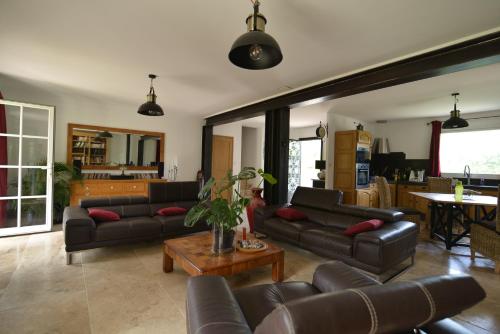 un salon avec des canapés et une table dans l'établissement La Lézarde, chambre d'hôte, piscine, salle d'eau privatif, café ou thé offert le matin, à Saint-Victor-la-Coste