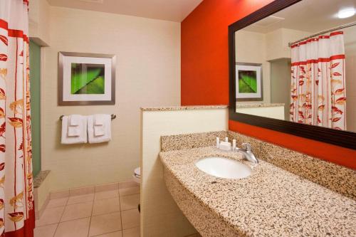 La salle de bains est pourvue d'un lavabo, d'un miroir et de toilettes. dans l'établissement Courtyard Minneapolis Maple Grove Arbor Lakes, à Maple Grove