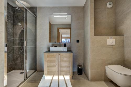 a bathroom with a sink and a shower and a toilet at Residence Le Green in Chamonix-Mont-Blanc