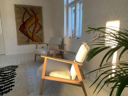 a living room with a chair and a plant at In the heart of Old Rauma in Rauma