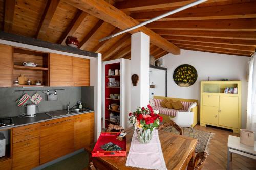 una cucina e un soggiorno con soffitto in legno di Agriturismo Terre Bianche a Teolo