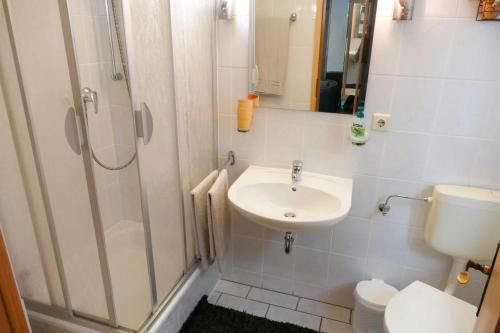 ein Bad mit einem Waschbecken, einer Dusche und einem WC in der Unterkunft Ferienappartement Grund in Ahlbeck
