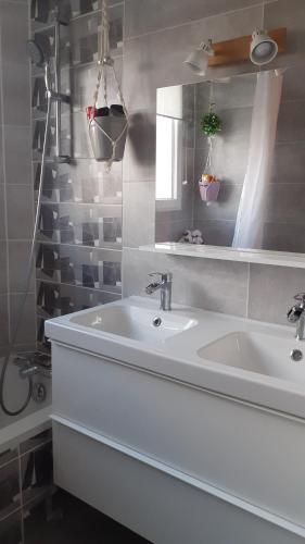 a bathroom with a white sink and a mirror at O'jardin in Arthez-de-Béarn