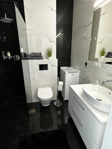 a black and white bathroom with a toilet and a sink at Platinium de lux apartament in Warsaw