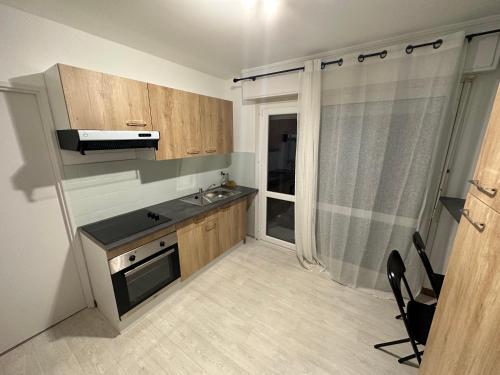 Il comprend une petite cuisine équipée d'un évier et d'une cuisinière. dans l'établissement Appartement rénové - F3 avec 3 lits, à Mulhouse