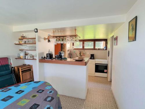 une petite cuisine avec un comptoir et un réfrigérateur dans l'établissement Chalet spacieux 10 pers, 4 chambres, jardin, cheminée, animaux OK, ménage fin séjour option - FR-1-393-38, à Saint-Michel-de-Chaillol