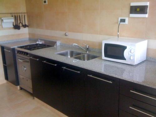 uma cozinha com um lavatório e um micro-ondas no balcão em HOSTEL RESIDENCIAL SAENZ PEÑA em Sáenz Peña