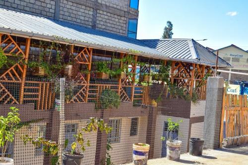 a building with potted plants on the side of it at Four seventy in Meru