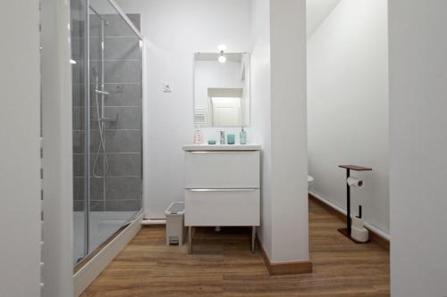 une salle de bain blanche avec un lavabo et une douche dans l'établissement Le PERPInB - 6 personnes - Bureau & wifi, à Perpignan