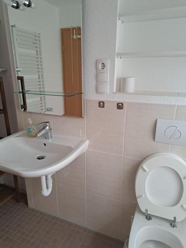 a bathroom with a white toilet and a sink at Haus Waldek in Herzlake