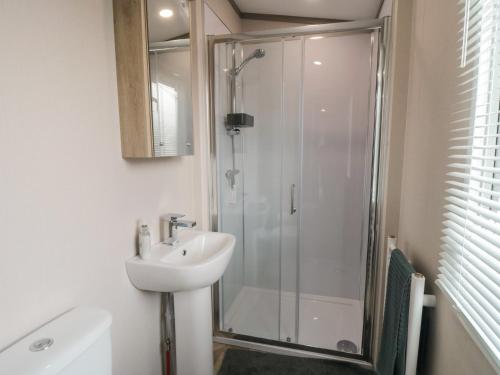 a bathroom with a shower and a sink at Walkers Rest in Ganton