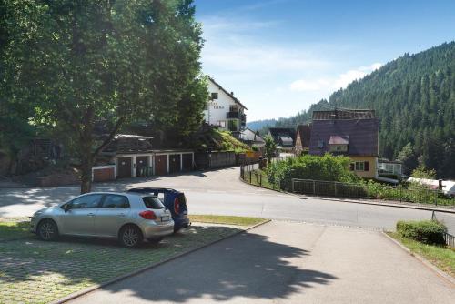 a silver car parked on the side of a road at Haus Erika Ferienwohnung 2 in Bad Teinach-Zavelstein