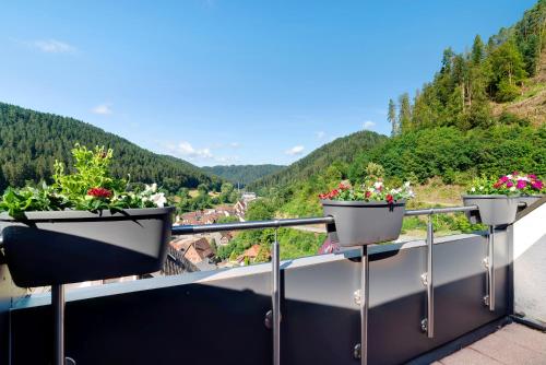 a balcony with three flowerpots on a railing with a view at Haus Erika Ferienwohnung 2 in Bad Teinach-Zavelstein