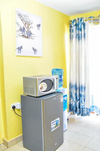 a microwave on top of a refrigerator in a room at Four seventy in Meru