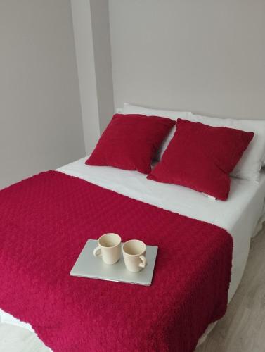 two cups on a plate on a bed with red pillows at Apartamentos Mar y Playa in Moaña