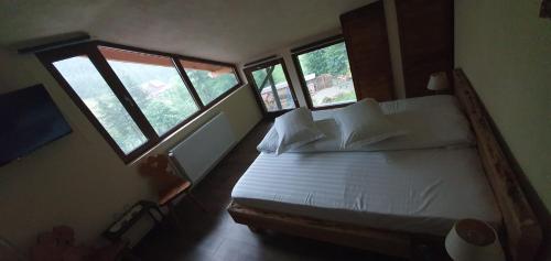 - une chambre avec un grand lit et 2 fenêtres dans l'établissement Cabanuta Ancutei, à Rucăr