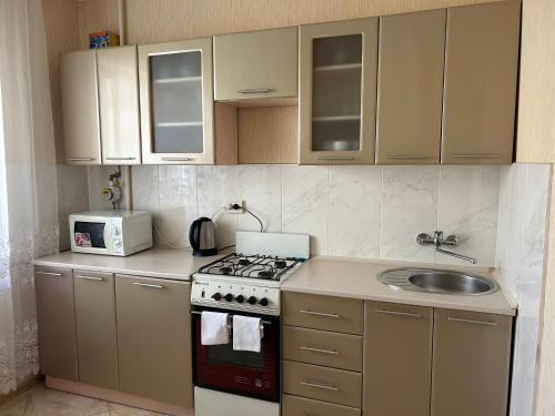 een kleine keuken met een fornuis en een wastafel bij Apartments Kharkivs'ke highway in Kiev