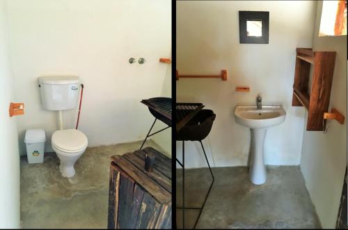 two pictures of a bathroom with a toilet and a sink at Barra Dica - CAMPING in Inhambane
