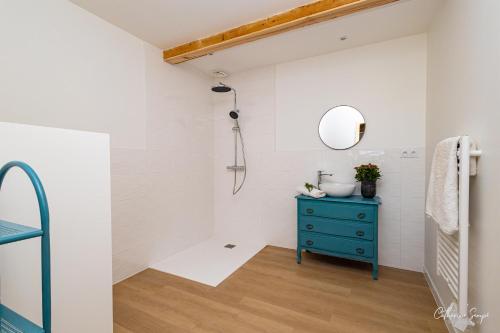 a bathroom with a blue cabinet and a mirror at Les Petits Faulongs 