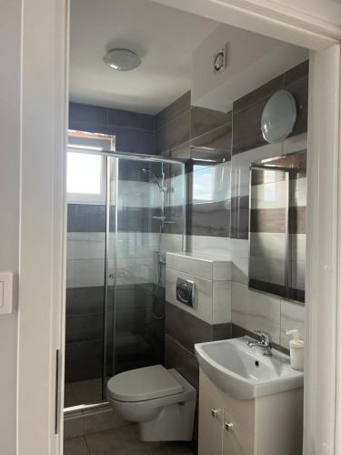 a bathroom with a shower and a toilet and a sink at Willa Relaksowa in Karwia
