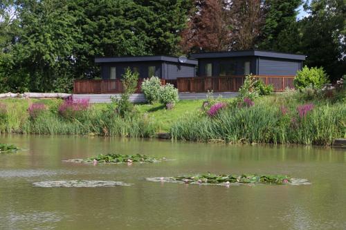 a lake with lilly pads in the water with a building at Shearsby Valley Lakes Accommodation in Leicester