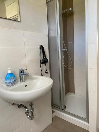 a bathroom with a sink and a shower at Ferienpark Fedderwardersiel in Fedderwarderdeich