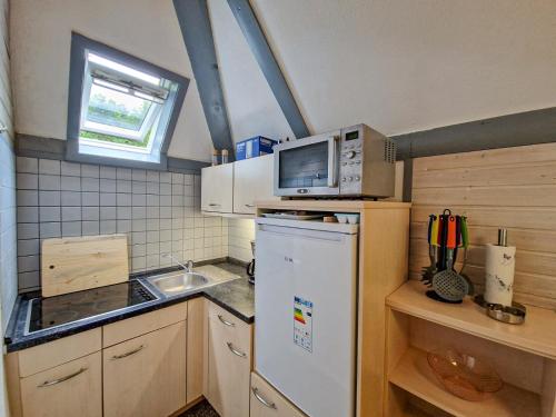 a small kitchen with a refrigerator and a microwave at Ferienhaus Seepark in Kirchheim in Kirchheim