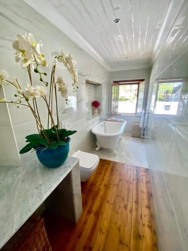 a bathroom with a tub and a toilet and a sink at The Burrow in Tulbagh