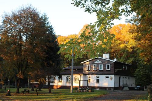 a white house in the middle of a park at Marysieńka in Kwatoniów