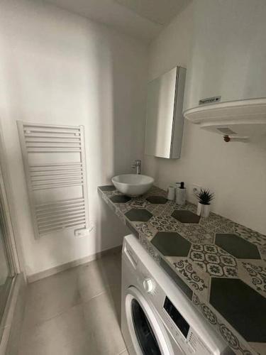 une cuisine avec un évier et une machine à laver dans l'établissement L'iris, à Saint-Étienne