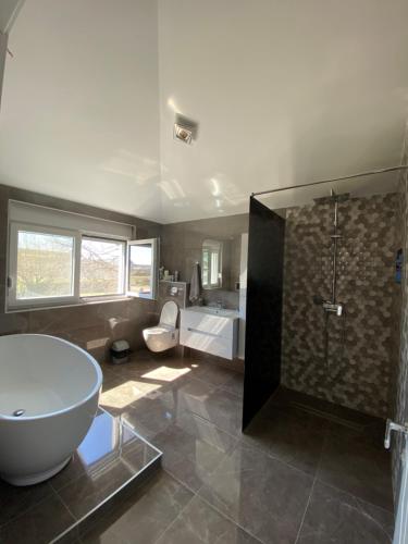 ein Badezimmer mit einer Badewanne, einem WC und einem Waschbecken in der Unterkunft Vila Mikeli in Podgorica